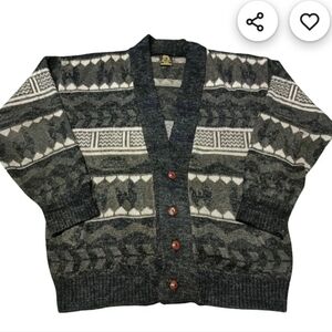 Tejidos Ruminahui V-neck Black/gray/white Knitted Woll   Cardigan Vintage Sz XL